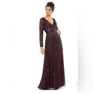 NWT Mac Duggal V Neck Sequined Illusion Long Sleeve A Line Gown Plum 6
